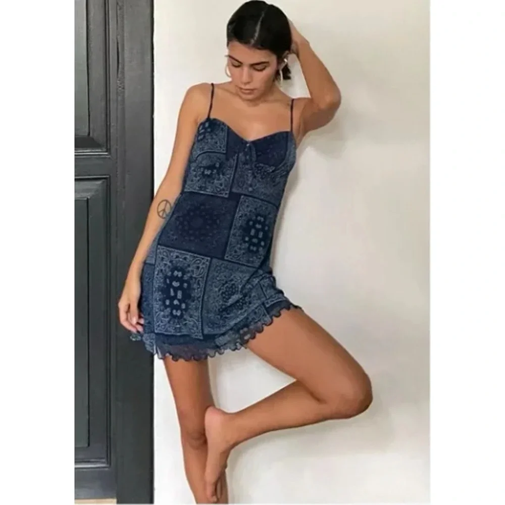 Urban Outfitters Y2K Style‎ Mesh Mini Dress Babydoll Paisley Blue Sweetheart S